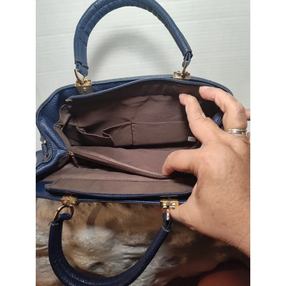 Danbaoly Women's Navy Tote Handbag‎ Faux Leather Gold hardware Brown lining